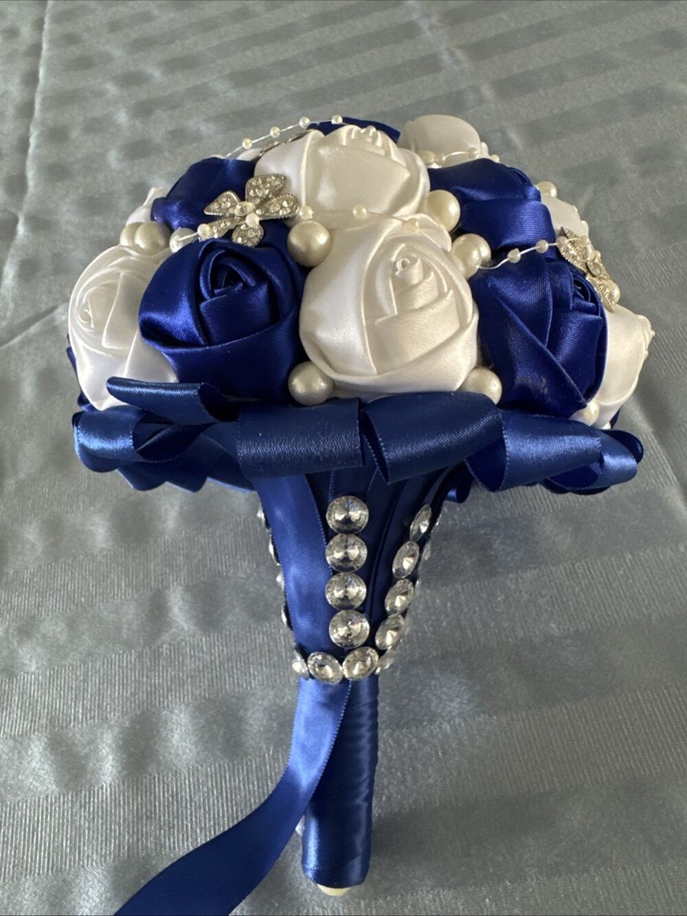 Bouquet Bridal Holding Wedding Bouquet Royal Blue, And White W/ Jewels & Pearl